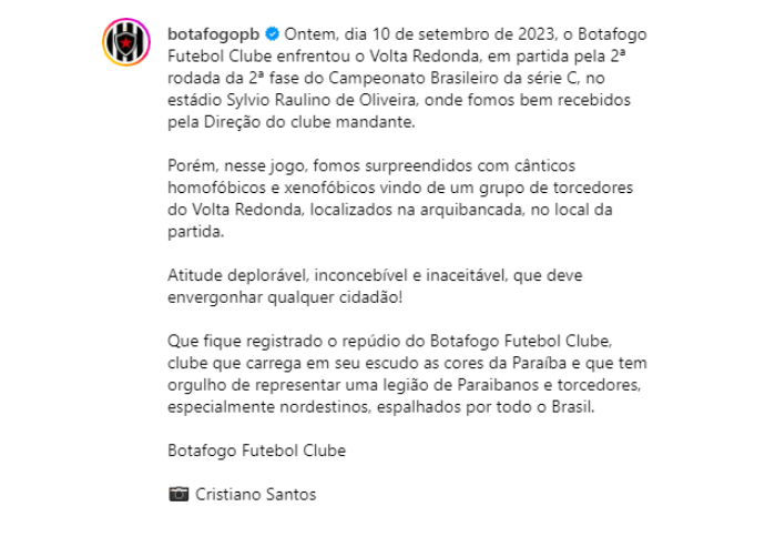 Xenofobia e homofobia marcam final da partida entre Volta Redonda x Botafogo PB