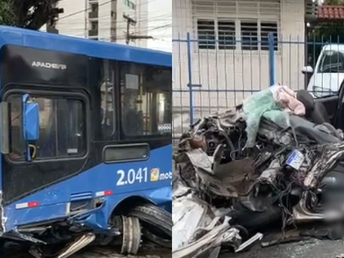 Acidente entre ônibus e carro de transporte por aplicativo deixa dois feridos