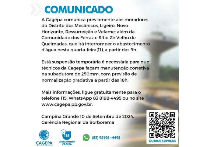 Falta água em Campina Grande nesta quarta-feira (11) 